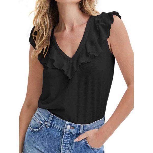 

vest womens ruffled tanks v neck t shirt sleeveless summer top, White