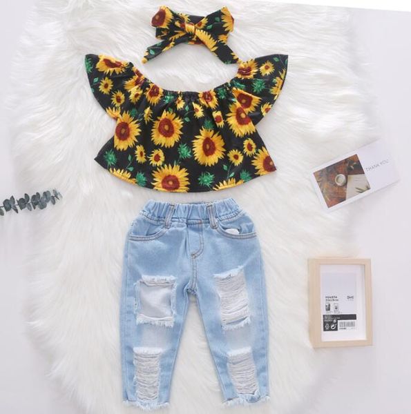 

kids girls clothes set one shoulder stretch denim pants summer girls sunflower clothes for kids clothes set outfits, White