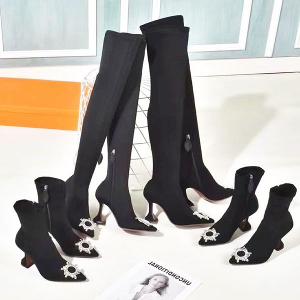 

casual shoes autumn winter heeled heel boots fashion belt buckle designer long boot 100 leather diamonds pointed women shoes lady letter hig, Black