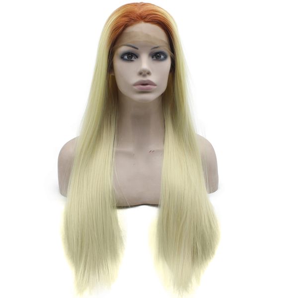 

24" long ombre blonde wig silky straight heavy density heat resistant synthetic fiber lace front fashion wig, Black