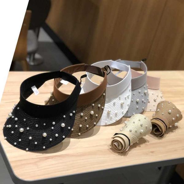 

wide brim hats summer white imitation pearl empty hats for women beach sun hat adjustment straw hat outdoor foldable roll-up portable caps j, Blue;gray