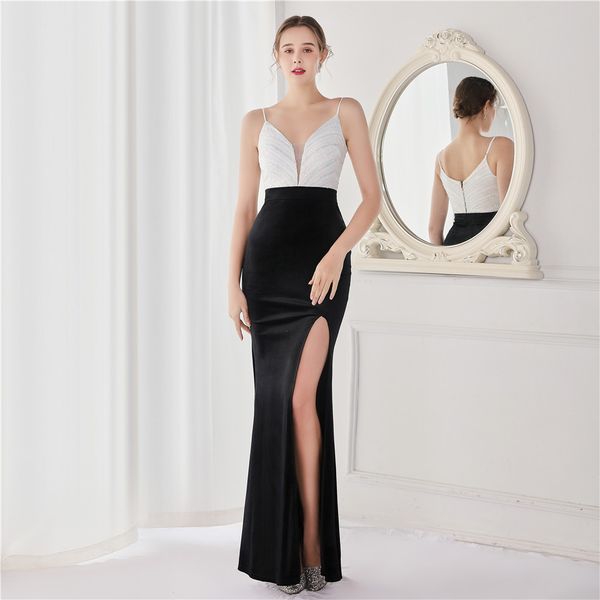 

elegant black evening dresses v neck split mermaid sleeveless spaghetti strap satin sequined formal party prom gowns new 2023, Black;red