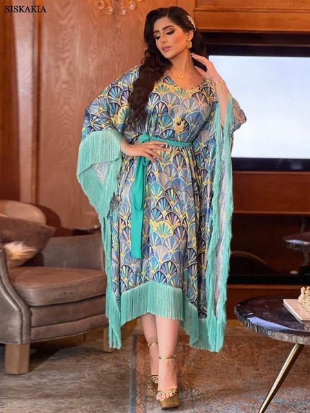 

casual dresses floral print bat sleeve oversized gown dresses tassel patchwork belted banquet kaftan turkey muslim abaya women dress 230302, Black;gray