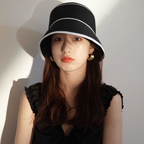 

wide brim hats elegant hat black and white stitching straw gap female summer vacation beach hat outdoor sun hat sunhat sunshade gap for wome, Blue;gray