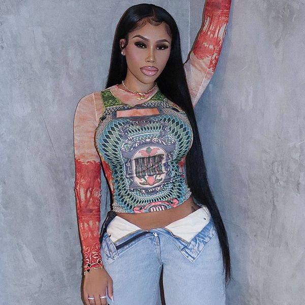 

women's t-shirt shirts digital printed women crop long sleeve basic t autumn see through night club party pullover 230302, White