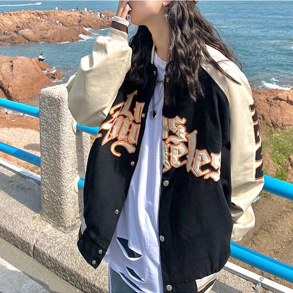 

women's jackets embroidery baseball jacket women men couple coat hip hop streetwear patchwork pu leather oversize varsity bomber 230302, Black;brown