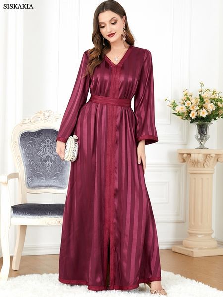 

ethnic clothing elegant long dresses vneck stripe lace tape belted kaftan abayas for women dubai split hem party robe muslim ramadan 230302, Red