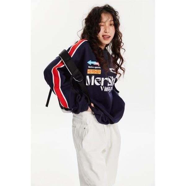 

women's hoodies sweatshirts loose and lazy sweater american retro contrast color stitching trendy brand ins letter casual 230302, Black