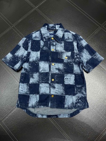 

summer brand mens short sleeved jeans shirt fashion check printed single breasted button design luxury designer casual shirt, White;black