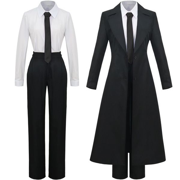 

theme costume anime chainsaw man makima cosplay costume black trench shirt tie pants makima wig long light red braid men women suit uniform, Black;red