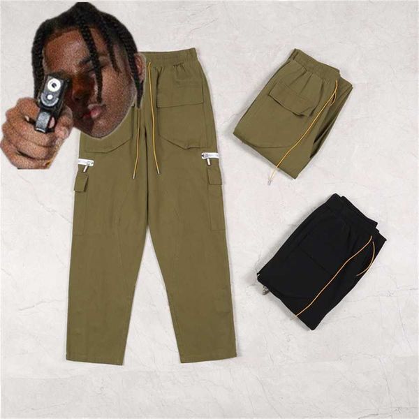 

cargo new rhude men women 1 1 version side cover zipper pocket rhude pants yellow drawstring trousers, Black