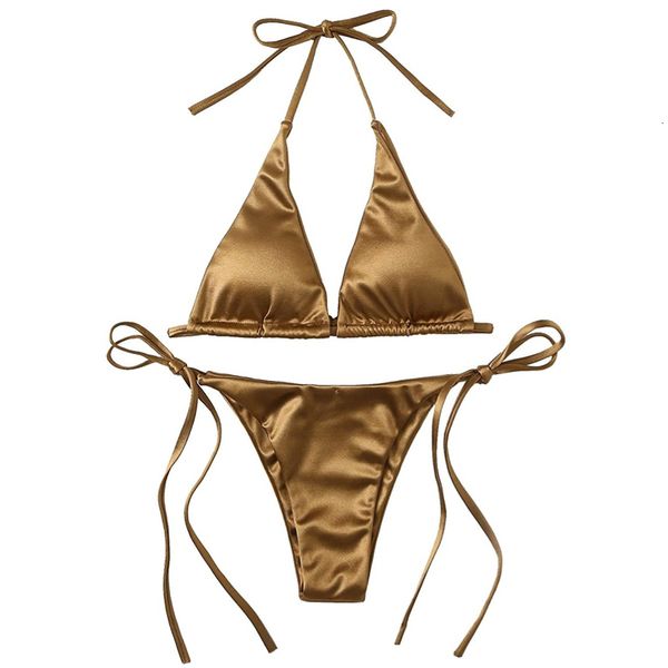 

women's swimwear women's metallic halter two piece swimsuit tie side triangle bikini summer solid bathing suit beachwear bikini se, White;black