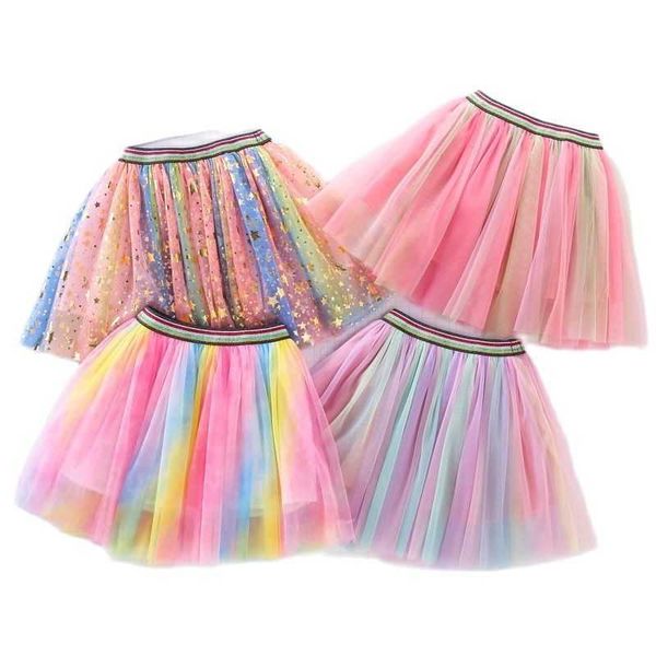 

skirts new children's rainbow skirts school girl mesh tutu birthday princess party show dance skirt gauze mid-waist ball gown faldas t2, Blue