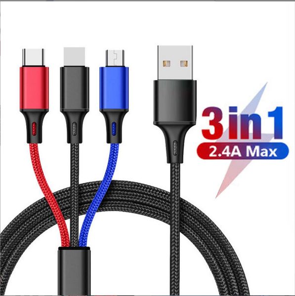 

coloful 3 in 1 charging cable micro usb type-c fast charger micro usb type c data cable for iphone 14 13 samsung xiaomi huawei 1.2m with pp