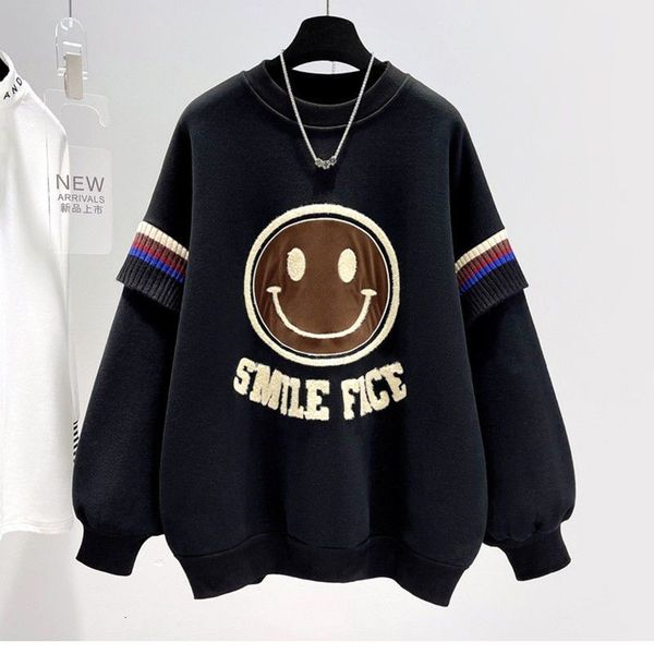 

women's hoodies sweatshirts spring korean fashion pullover sweatshirt round neck smile embroidery medium length loose oversized clothi, Black