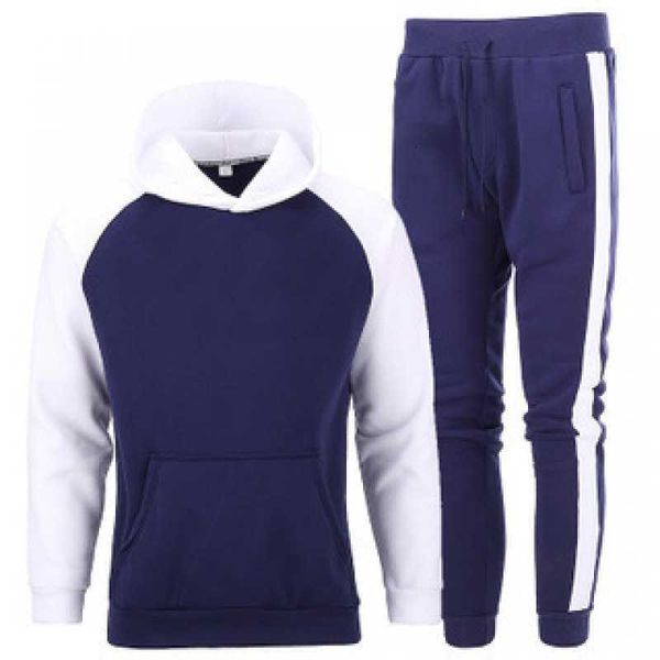 

men's clothing color contrast sportswear set blank solid hooded sweater pants, Black