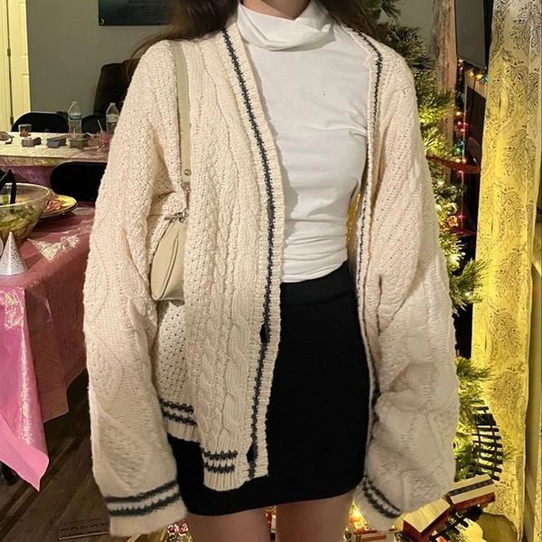 

women's knits tees preppy cute twist y2k knitted cardigans autumn v-neck single-breasted sweater 00s vintage aesthetics grunge knitwear, White