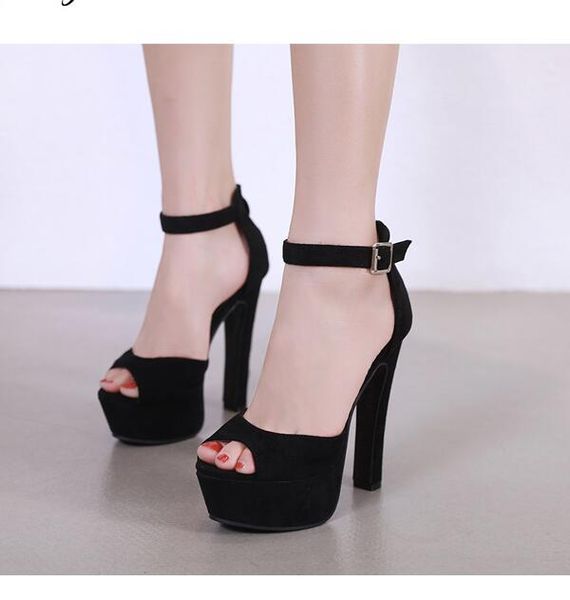 

fashion women ankle strap sandals casual flock buckle strap thin heels 14cm open toed high heels women sandals discount pumps, Black