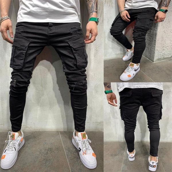 

new black biker cargo jeans men multi-pocket slim fit joggers trousers mens ripped hole motorcycle streetwear denim pencil pants304b, Blue