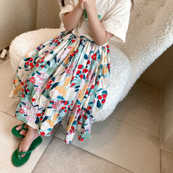 

skirts summer little princess floral cotton pleat skirts 2-7 years girls retro style fashion all-match skirts t230301, Blue