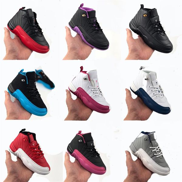 

kids basketball shoes 12s xii taxi dark grey vivid pink french blue gym red the master flu game sneaker children kids girls high c222h, Black