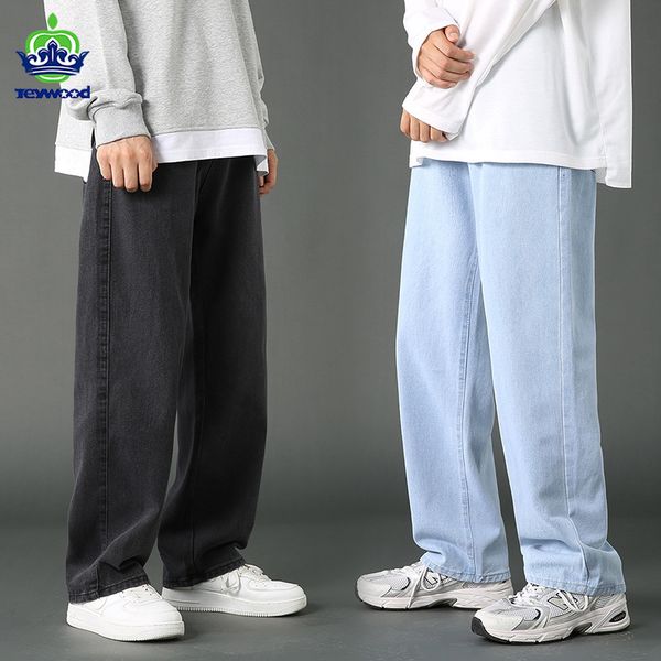 

men's jeans autumn winter streetwear baggy cotton jeans men korean fashion loose straight wide leg pants male brand black light blue 23