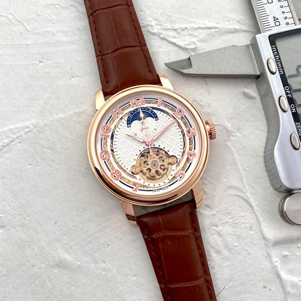 

fashion luxury men watch mechanical automatic movement moon phase waterproof brand designer wristwatches genuine leather strap watches for m, Slivery;brown