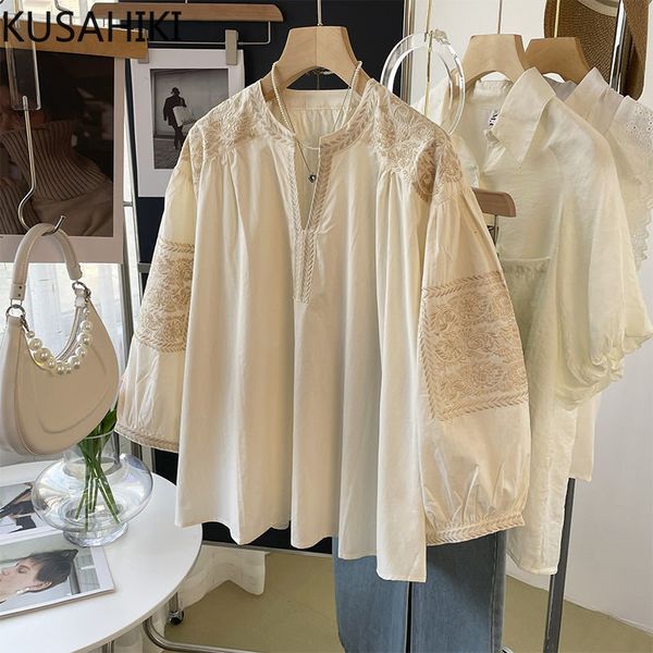 

women's blouses shirts kusahiki v-neck embroidery puff sleeve bouses women chic doll shirt korean sweet causal autumn blusas de verano, White