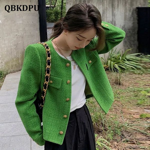 

womens jackets vintage green tweed cropped jacket women spring autumn korean fashion long sleeve buttons casual short coat elegant chaquetas, Black;brown