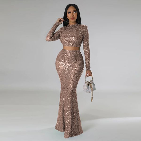 

two piece dress felyn arrival famous brand 2 pcs women set solid sequins oneck short maxi outfits 230302, White