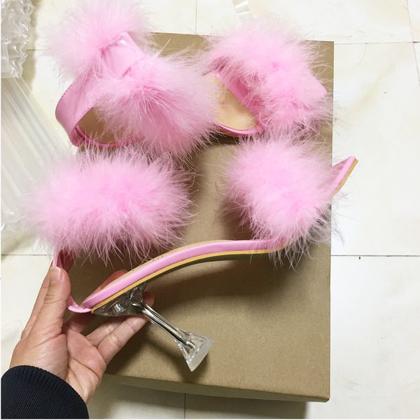 

sandals feather sandals women furry high heels ankle plush sandals woman transparent heels with fur stripper heeled sandal women evening 230, Black