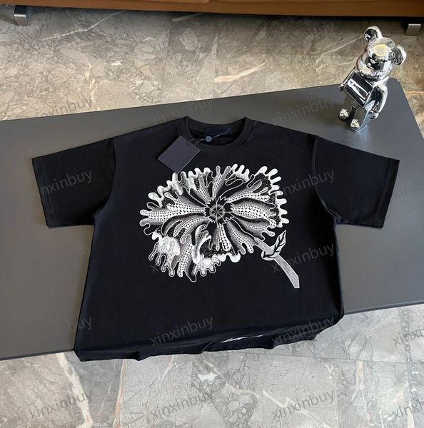 

xinxinbuy men designer tee t shirt 23ss flower graffiti letters lotus leaf short sleeve cotton women white black brown grey s-xl