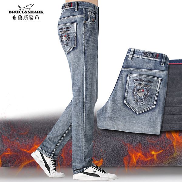 

men's jeans winter fleece men's jeans fashion casual straight stretch cotton heavy thick warm jeans big size 42 men pants 230302, Blue