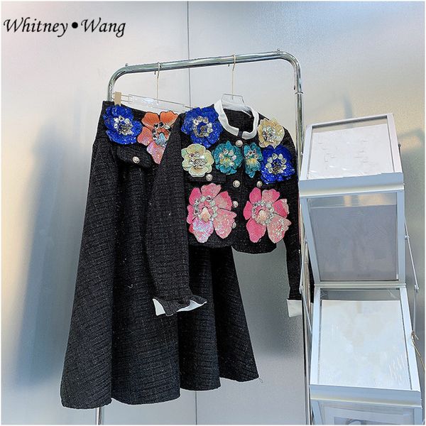 

two piece dress whitney wang designer style spring fashion streetwear 3d florals coat and skirt women 2 pieces sets 230302, White
