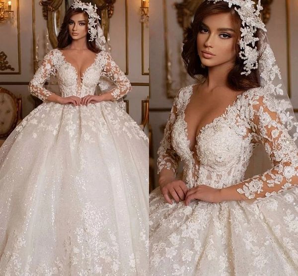 

retro 2023 lace wedding dress princess ball gown beading bridal gowns shinny long sleeves lace appliques ivory arabic dubai robe de mariage, White