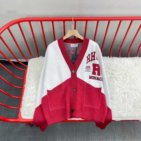 

patchwork rhude jacquard knitted cardigan men women 1 1 v-neck button sweater rhude sweatshirts with tags er99, White;black