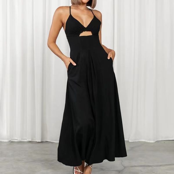 

women casual dress summer spaghetti strap sleeveless v neck cutout slit beach party maxi dresses with pockets, Black;gray