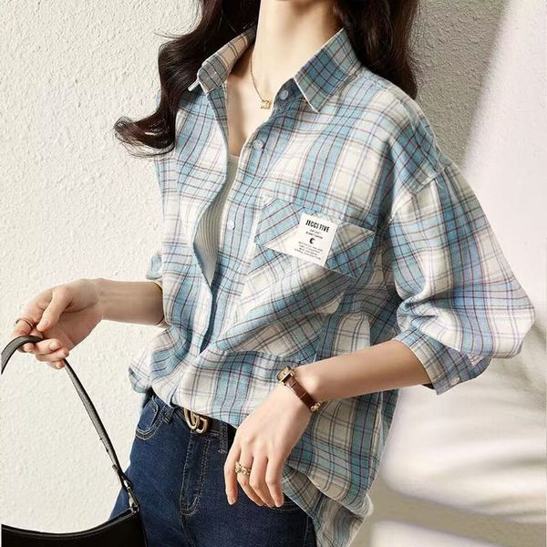 

women's blouses shirts vintage printed lapel button pockets plaid shirt women's clothing autumn loose korean all-match commute bl, White