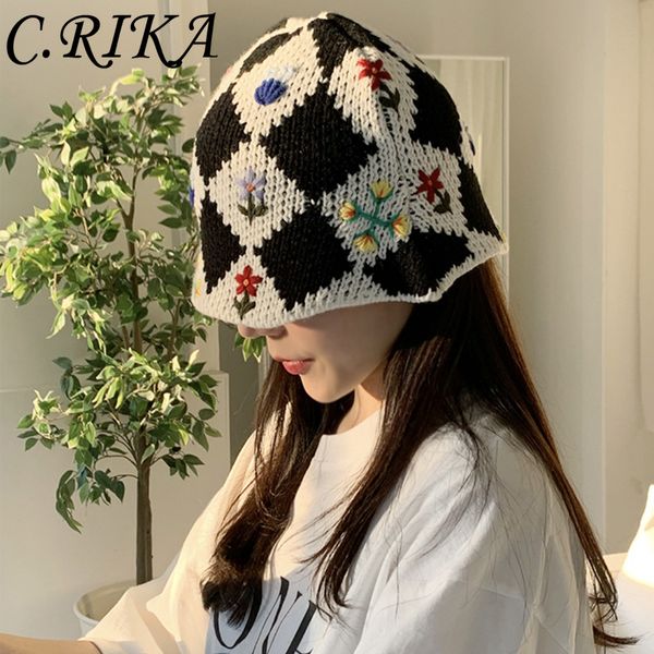 

wide brim hats bucket hats hand woven crochet flower bucket hats women autumn cotton yarn soft fisherman hat lady plaid color matching beach, Blue;gray