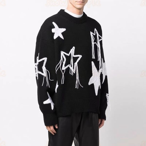 

high street men womens casual sweaters mens star tassel streetwear sweater couples loose knitted sweater size xs-l, White;black