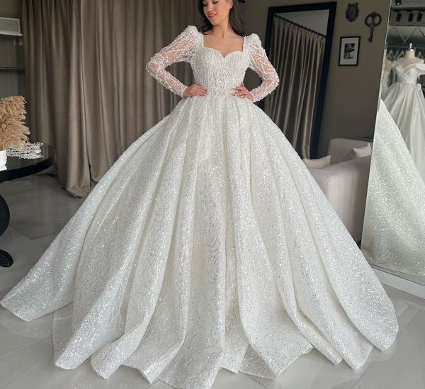 

sparkly ball gown wedding dresses long sleeves v neck sequins appliques beaded 3d lace ruffles diamond bridal gowns dresses plus size custom, White