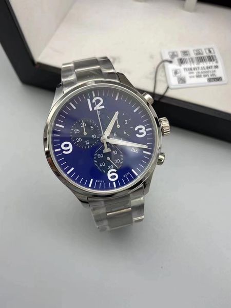 

stainless steel chronograph mens quartz watch 316 fine steel sapphire mirror etag10.212 movementno box t116 luminous dial, Slivery;brown
