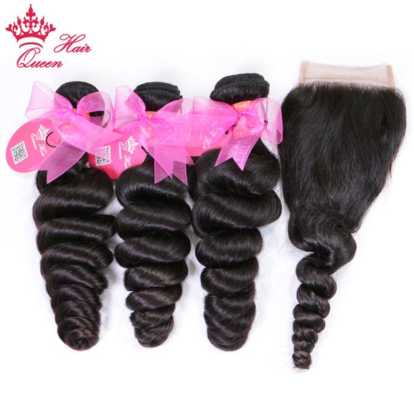 

queen hair official store brazilian virgin raw hair loose wave bundles with closure 100% human hair 3 bundles with lace closure, Black;brown