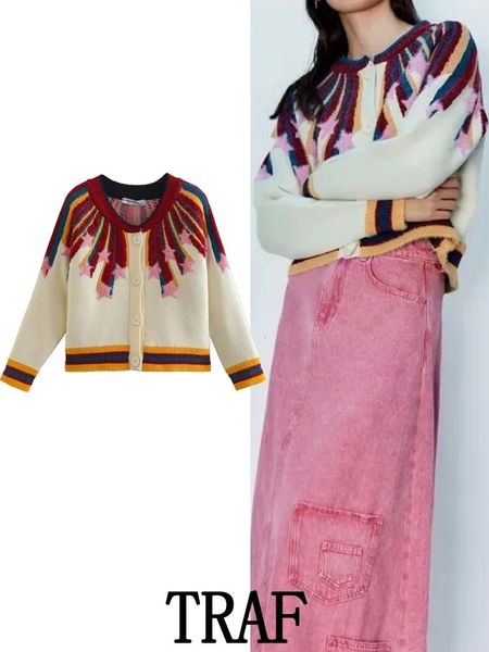 

women's knits tees traf woman contrast color print knit cardigan coats autumn fashion single breasted o-neck vintage long sleeve casual, White