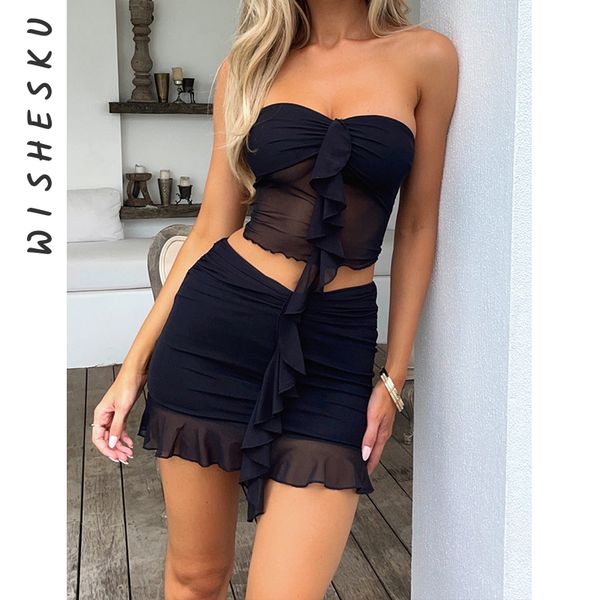 

two piece dress set women mesh ruffles outfits strapless see through corset crop igh waist pencil mini skirts summer 230302, White