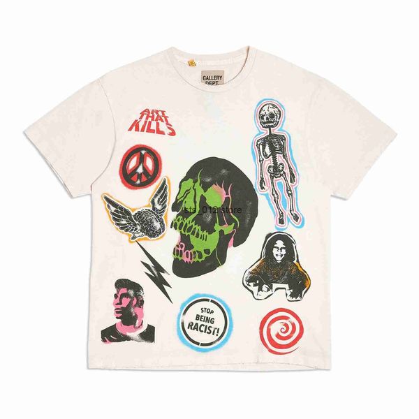 

men's t-shirts 22ss skull head flame color english letter printing cut and damaged women's short-sleeved fashion couple tee t23030, White;black