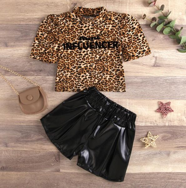

toddler baby girls clothes sets leopard print short sleeve monogrammed pullover short leather pants kids set, White