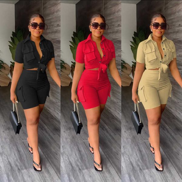 

casual designer women two piece shorts set buttontracksuits new urban style shirt short sleeve two piece outfits, Gray