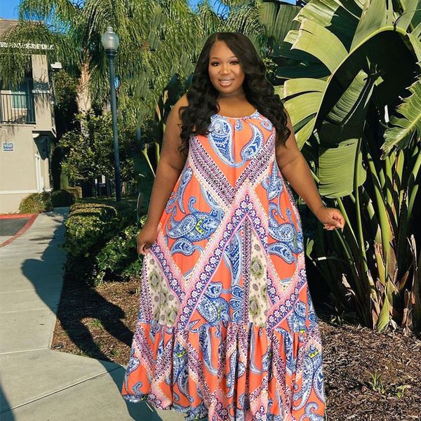

plus size dresses summer womens dress wholesale floral print bohemian maxi sleeveless ladies casual size drop 230302, Black