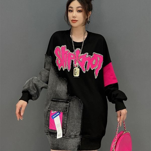 

womens hoodies sweatshirts denim spliced pullovers for spring autumn street wear red hoodie 230301, Black